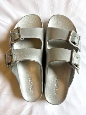 J Slides Metallic Silver Double-Buckle (stacked) Slide Sandals